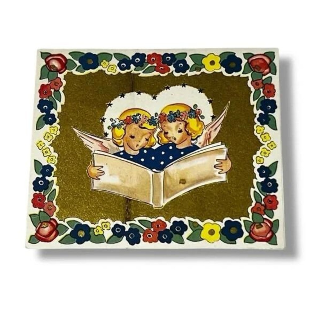 Manville Two Angels Looking at Book Vintage Christmas Card DBX